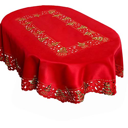 Grelucgo Bestickte Weihnachtstischdecke mit Stechpalmen-Motiv, 132 x 178 cm, ovale...