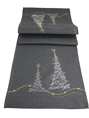 khevga Tischläufer Weihnachten modern in Grau mit Stickerei (Grau_Baum)