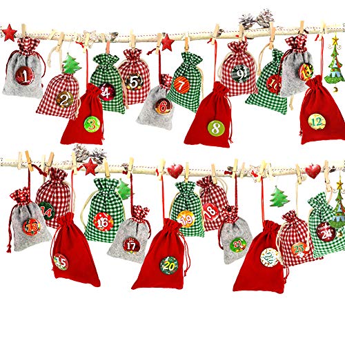 Adventskalender zum Befüllen, Weihnachtskalender Stoffsäckchen zum Selberfüllen, 24...